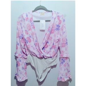 Peach Love Front Wrap Bell Sleeve Bodysuit Pink Purple NWT size Medium